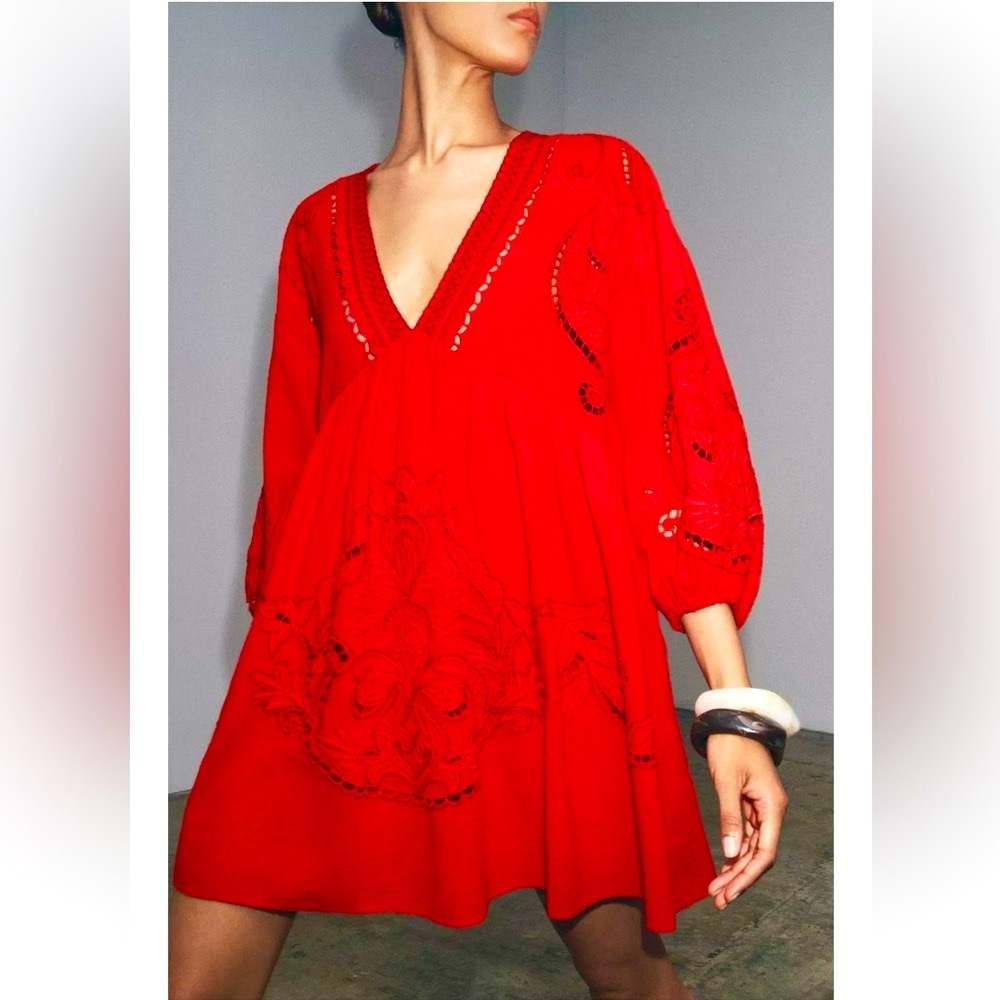 New ZARA Scarlet Embroidered V-neck Dress